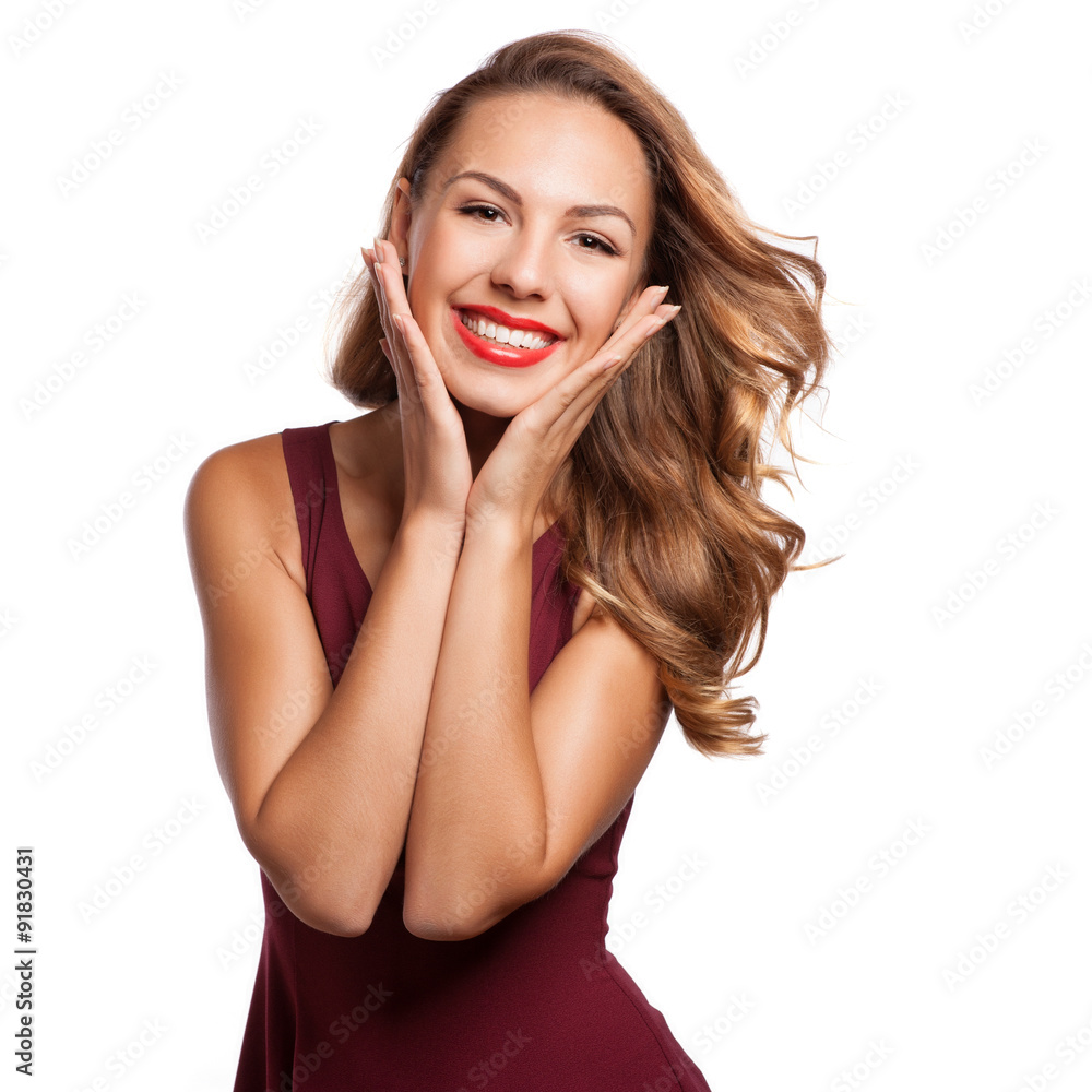 Portrait of beautiful blonde woman with curly hairstyle and bright makeup. Natural look. studio, isolated. Portrait of beautiful blonde woman with curly hairstyle and bright makeup. Natural look. studio, isolated.