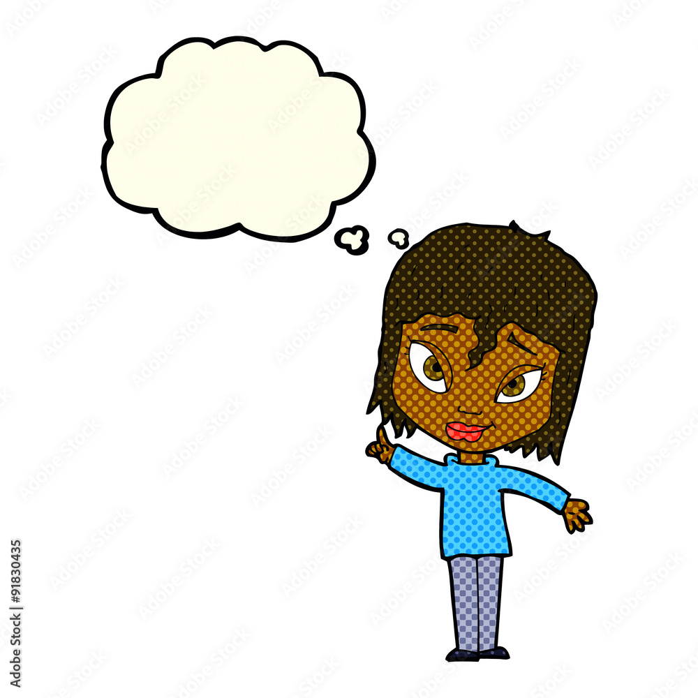 cartoon woman with idea with thought bubble cartoon woman with idea with thought bubble