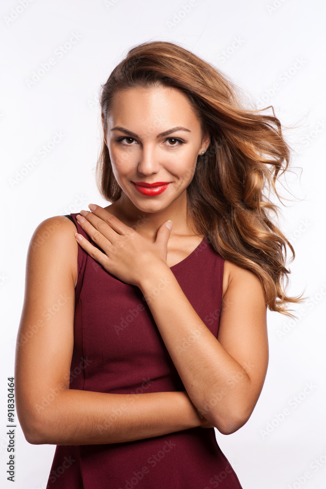 Portrait of beautiful blonde woman with curly hairstyle and bright makeup. Natural look. studio, isolated. Portrait of beautiful blonde woman with curly hairstyle and bright makeup. Natural look. studio, isolated.