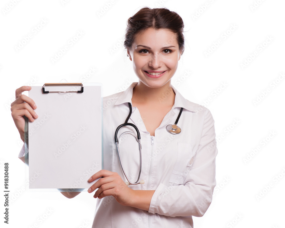 Portrait of young female doctor showing something or copyspase for product or sign text, Portrait of young female doctor showing something or copyspase for product or sign text,