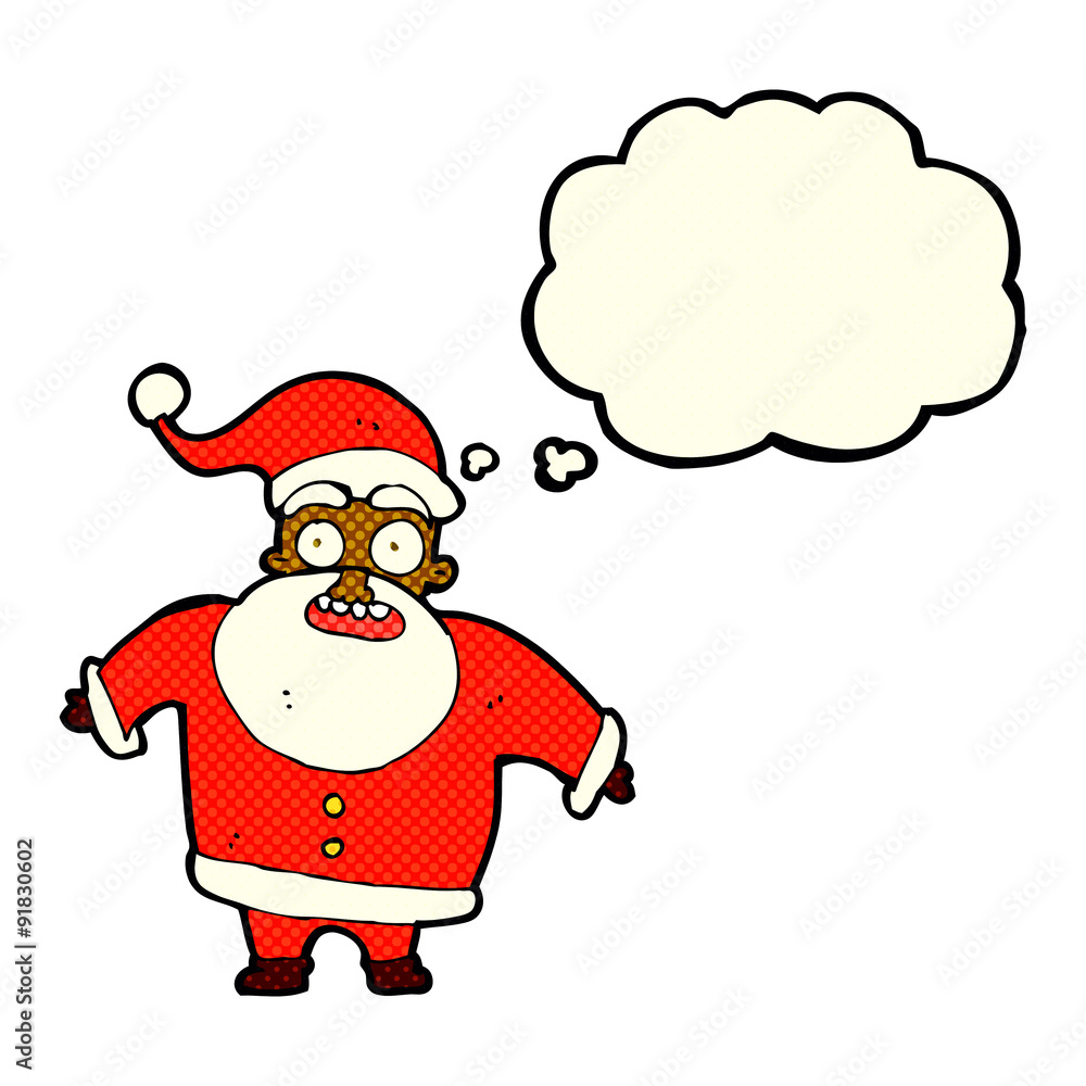 cartoon shocked santa claus with thought bubble