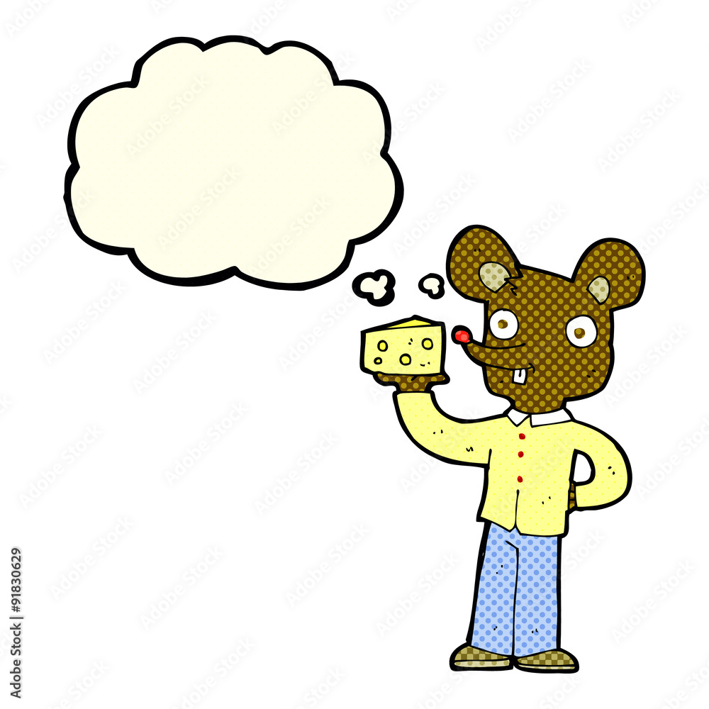 cartoon mouse holding cheese with thought bubble