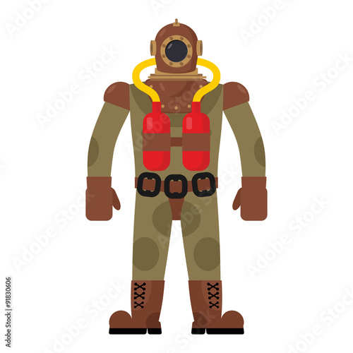 Diver old diving suit. Retro clothing for scuba diving. Vintage