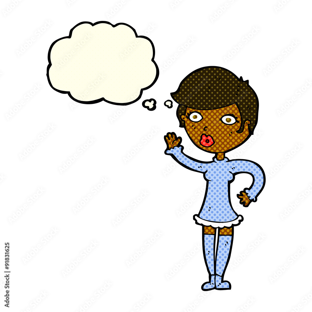 cartoon pretty woman waving with thought bubble cartoon pretty woman waving with thought bubble