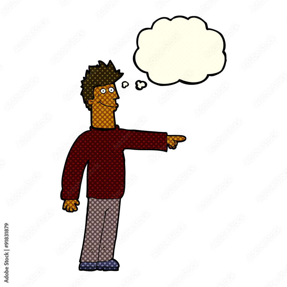 cartoon happy pointing man with thought bubble cartoon happy pointing man with thought bubble