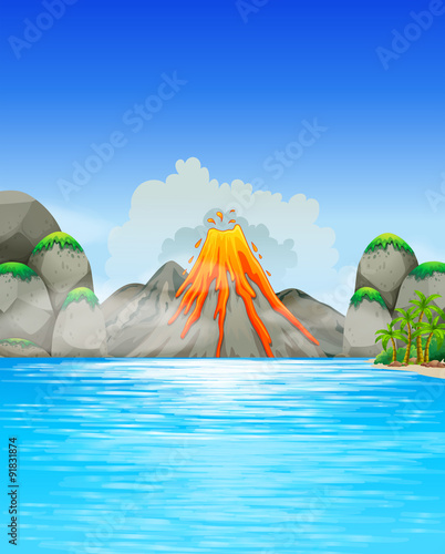 Volcano eruption by the lake
