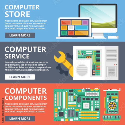 Computer store, computer service, computer components, parts flat illustration