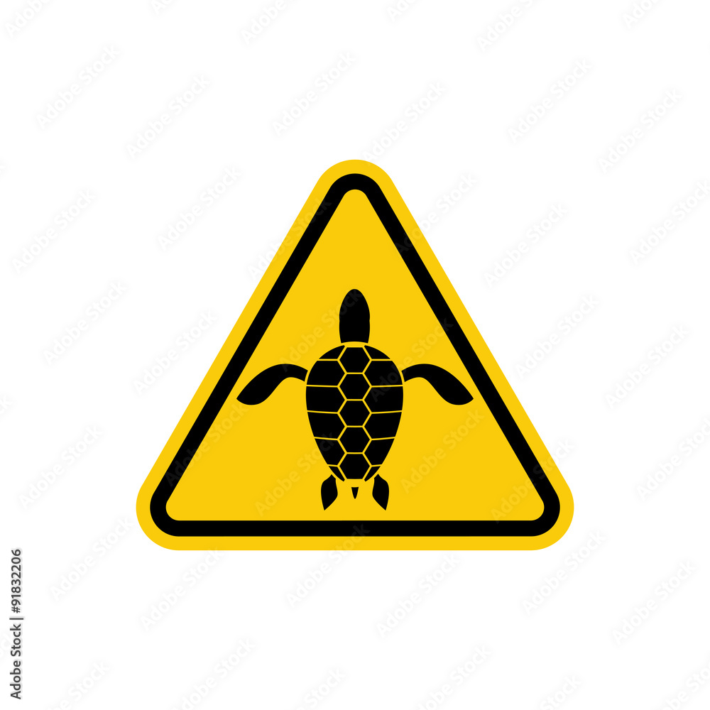 Obraz premium Yellow sign attention water turtle. Marine reptile on yellow tri