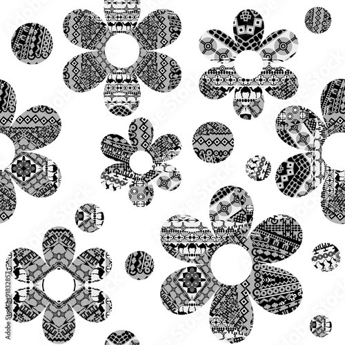 Black and white seamless pattern with ethnic motifs