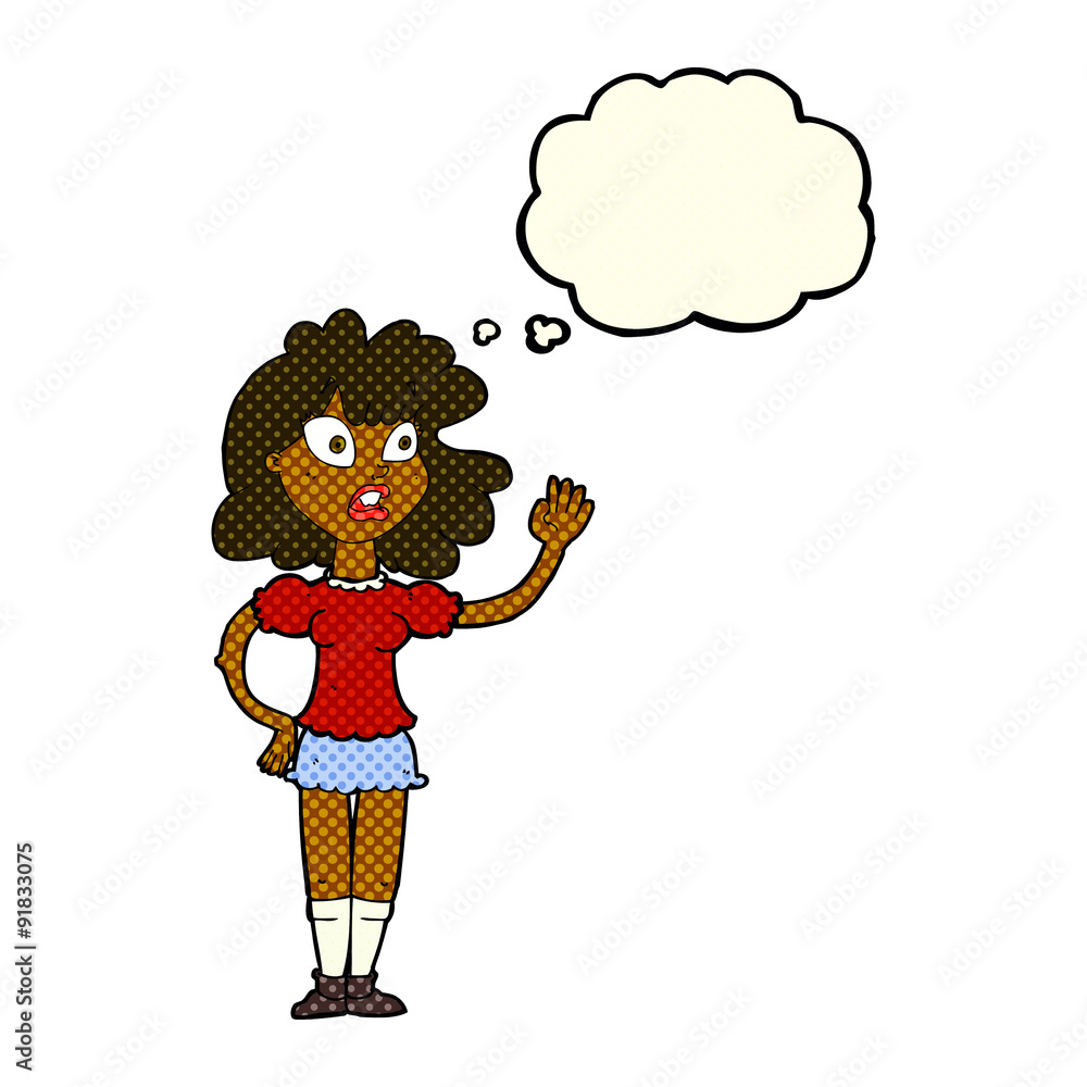 cartoon worried woman waving with thought bubble cartoon worried woman waving with thought bubble