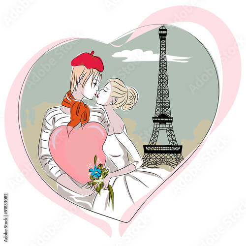 Just married couple in Paris near the Eiffel tower. Wedding day