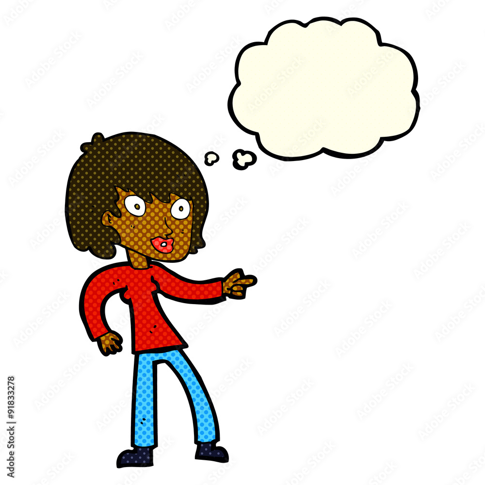 cartoon woman pointing with thought bubble cartoon woman pointing with thought bubble