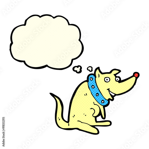 cartoon happy dog in big collar with thought bubble