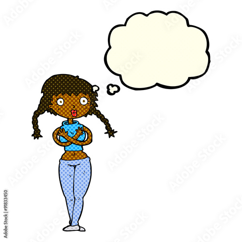 cartoon offended woman covering herself with thought bubble