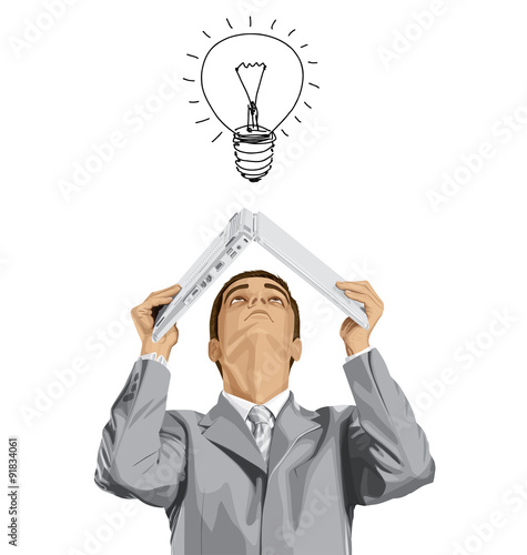 Vector Business Man Hides Under The Laptop