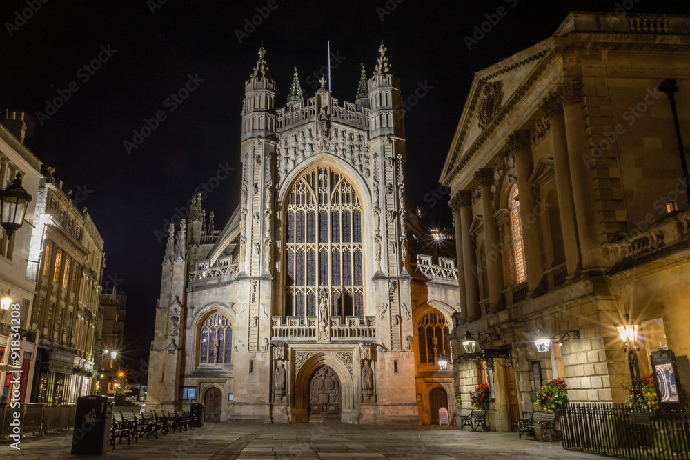 ENGLAND, BATH - 20 SEPTEMBER 2015: Bath Abbey by night A