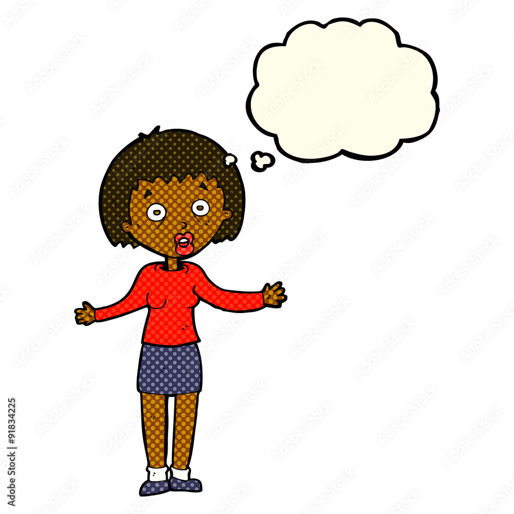 cartoon woman making excuses with thought bubble cartoon woman making excuses with thought bubble