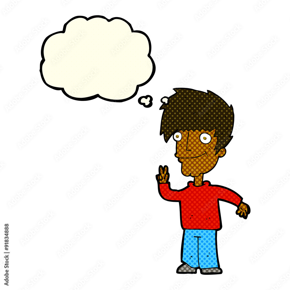cartoon man giving peace sign with thought bubble cartoon man giving peace sign with thought bubble