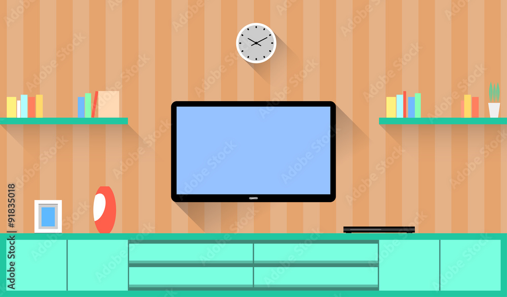 Design around the Television in a Living room. Vector flat Illustration. Design around the Television in a Living room. Vector flat Illustration.
