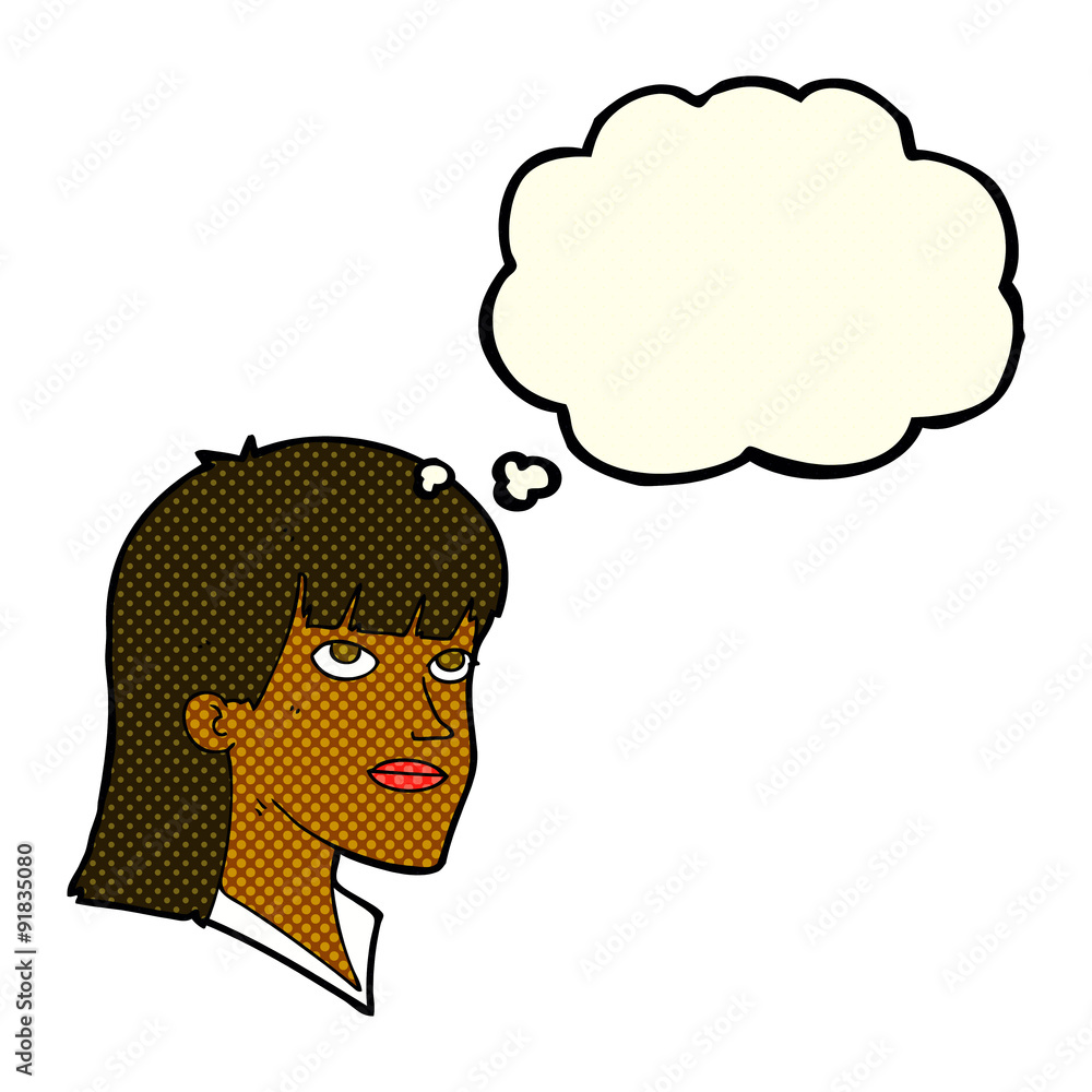 cartoon serious woman with thought bubble