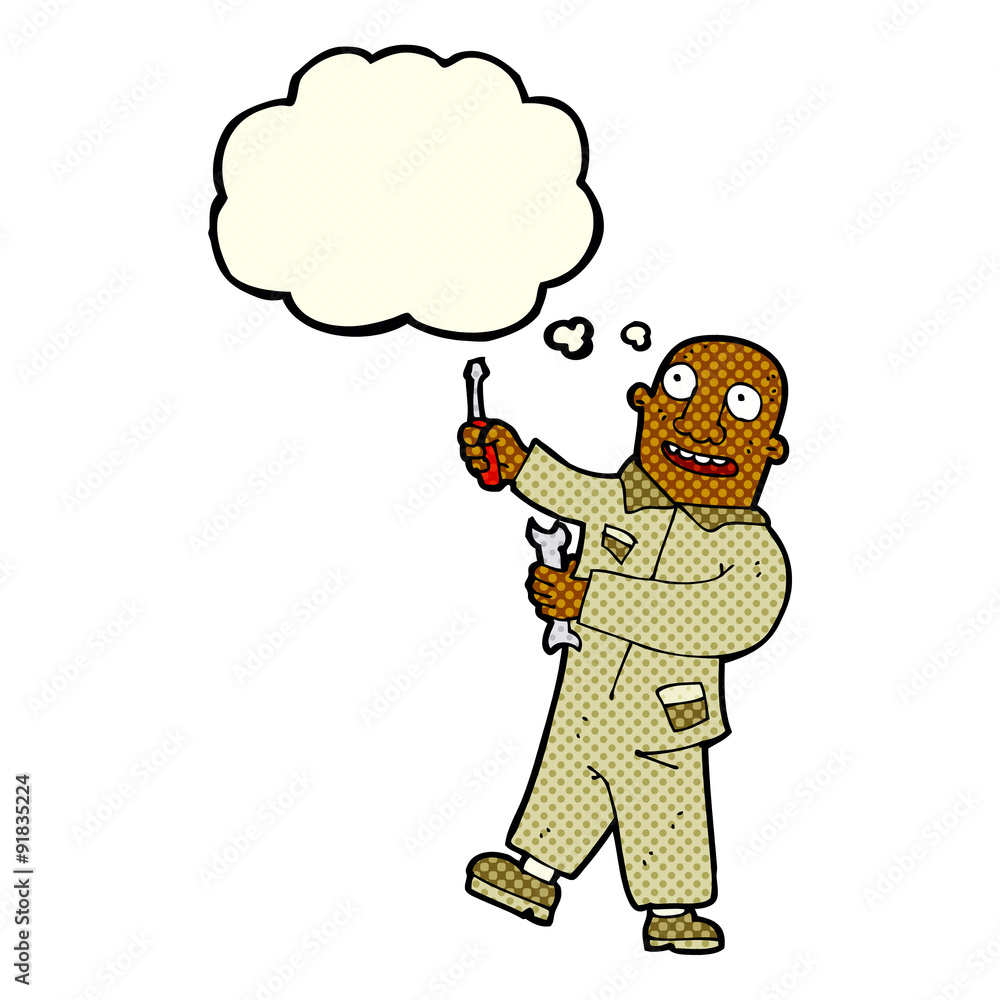 cartoon mechanic with thought bubble cartoon mechanic with thought bubble