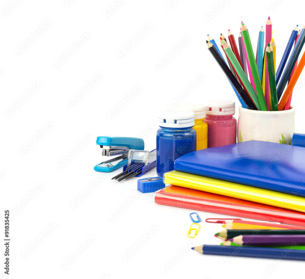 Fototapeta premium Group of stationery tools on white background