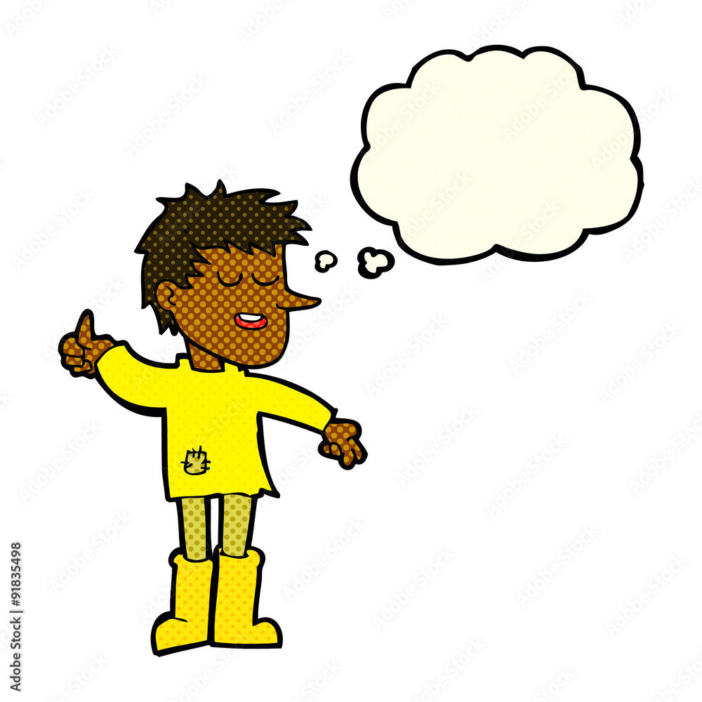 cartoon poor boy with positive attitude with thought bubble cartoon poor boy with positive attitude with thought bubble