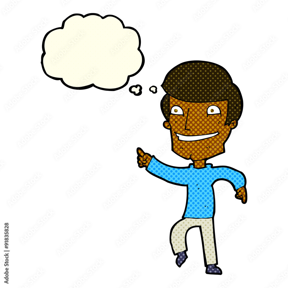 cartoon happy man pointing with thought bubble cartoon happy man pointing with thought bubble