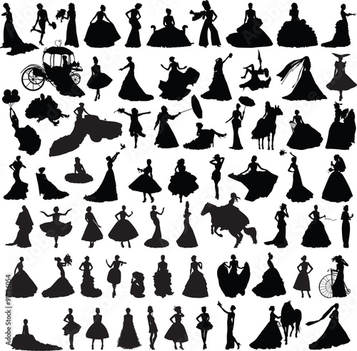 set of silhouettes of girls with wedding dresses in different poses