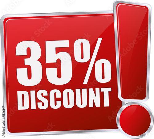 35% DISCOUNT / realistic modern glossy 3D vector eps banner (icon / button / tag) in red with metallic border and exclamation mark 
