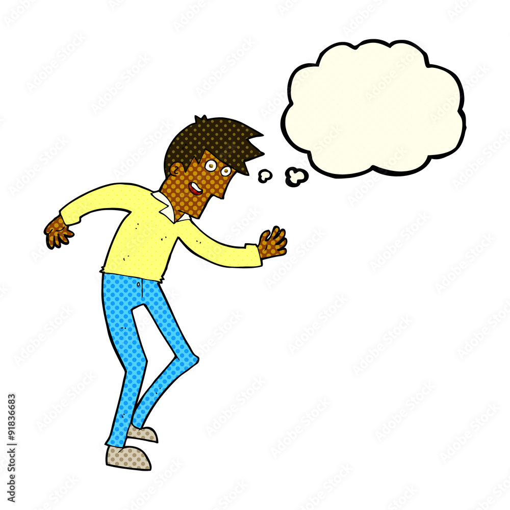 cartoon happy man dancing with thought bubble cartoon happy man dancing with thought bubble