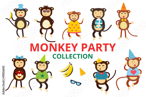 Happy cartoon vector monkey dancing party birthday background