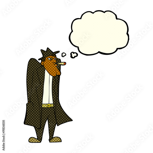 cartoon man in hat and trench coat with thought bubble