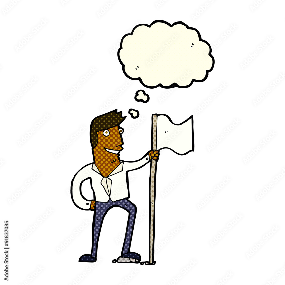 cartoon man planting flag with thought bubble cartoon man planting flag with thought bubble