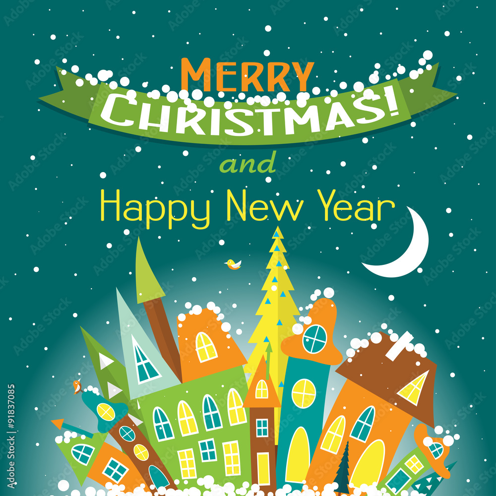 Template Christmas greeting card with a tree and house, vector