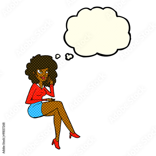 cartoon office woman sitting with thought bubble