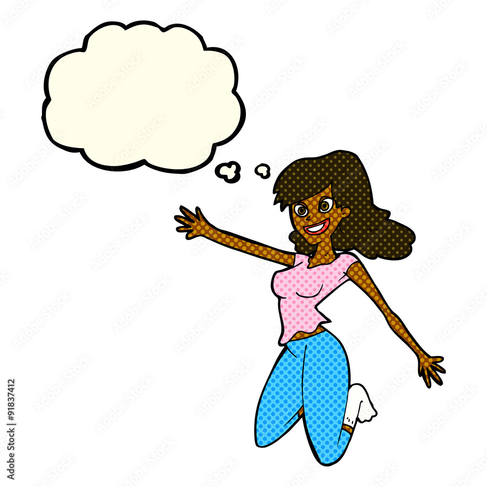 cartoon jumping woman with thought bubble cartoon jumping woman with thought bubble