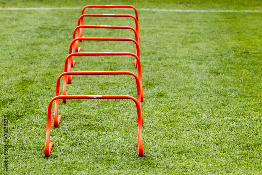Soccer (football) training equipment on the green field of the s Soccer (football) training equipment on the green field of the s