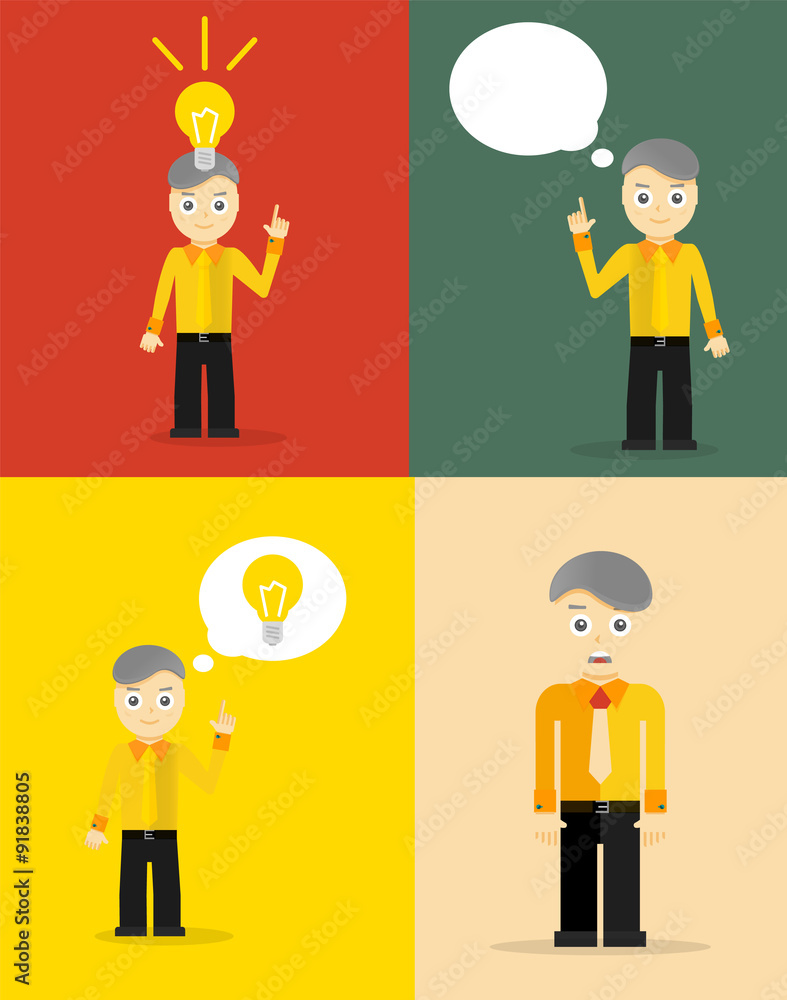 Young businessman thinking of his ideas. Set of flat design Young businessman thinking of his ideas. Set of flat design