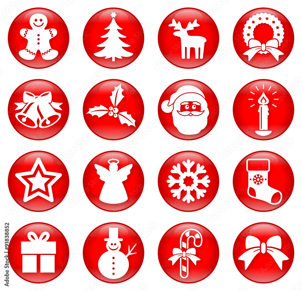 Sammlung: Runde, rot-weiße, weihnachtliche 3D-Buttons / Vektor / freigestellt 