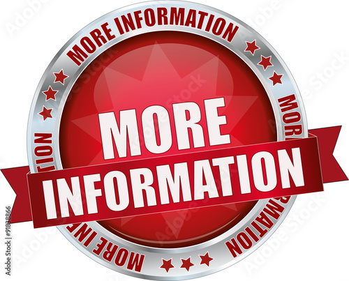 MORE INFORMATION / realistic modern round glossy 3D vector eps10 button ( icon / badge / tag ) in dark red with metallic border and a red banderole