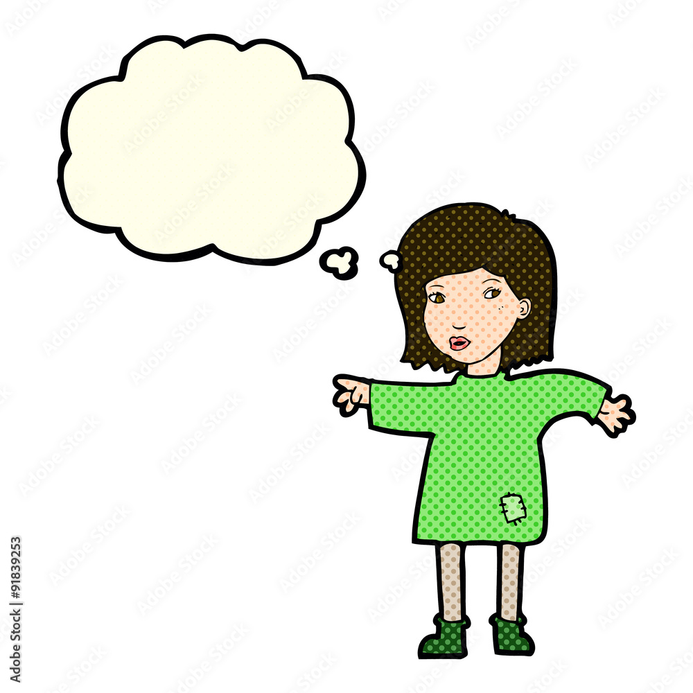 cartoon woman in patched clothing with thought bubble cartoon woman in patched clothing with thought bubble