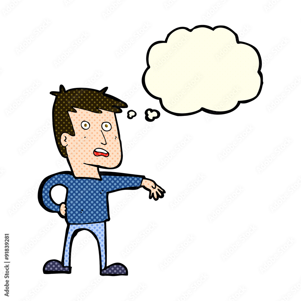 Fototapeta premium cartoon man making camp gesture with thought bubble