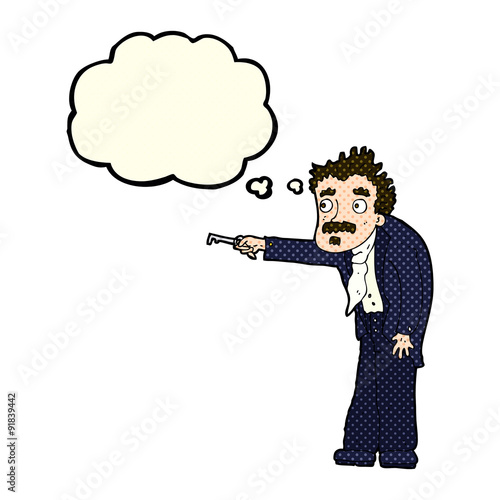 cartoon man trembling with key unlocking with thought bubble