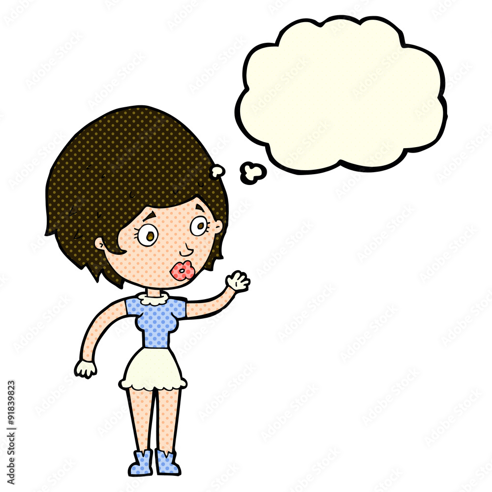 cartoon woman waving with thought bubble cartoon woman waving with thought bubble