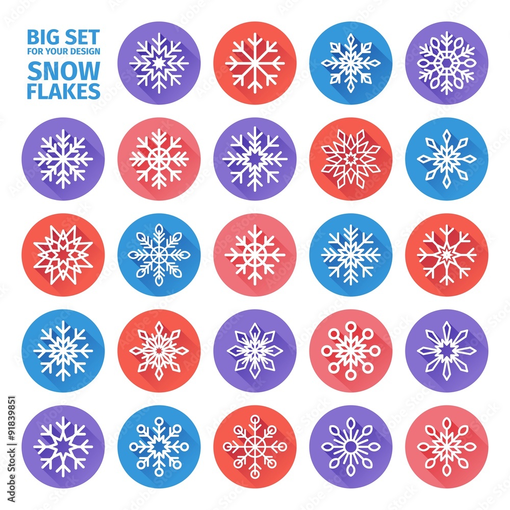 set of icons of snowflakes flat design with long shadows. Vector set of icons of snowflakes flat design with long shadows. Vector