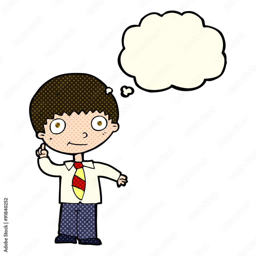 cartoon school boy with idea with thought bubble cartoon school boy with idea with thought bubble