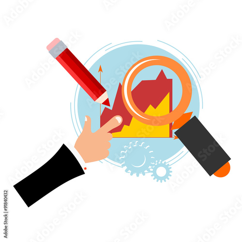 Blue background with a Magnifier, pencil, chart and the hand of
