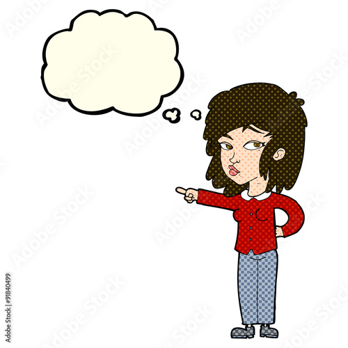 cartoon woman pointing with thought bubble
