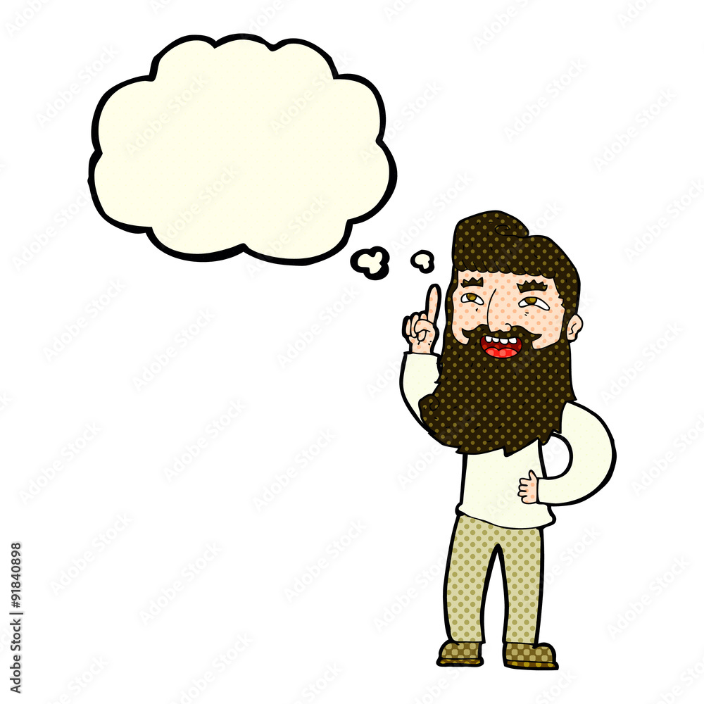 cartoon happy bearded man with idea with thought bubble cartoon happy bearded man with idea with thought bubble